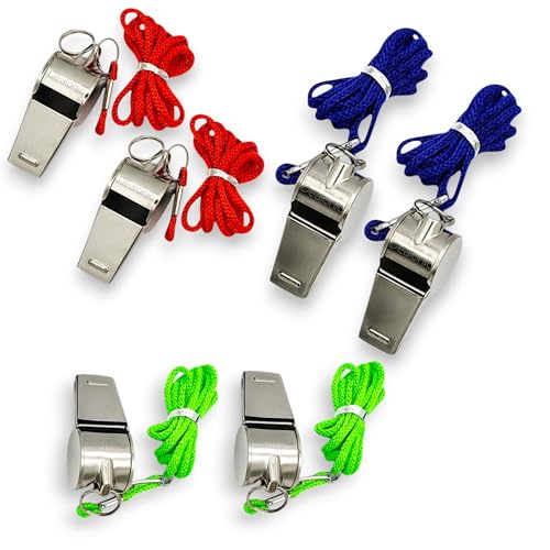 Dealonic Metal Silver Whistles Pack of 2 Loud Referee & Coach Whistle Stainless Steel, Includes Random Colour Nylon Cords Sports, Lifeguard, Dog Training, Emergency Use Random Colours