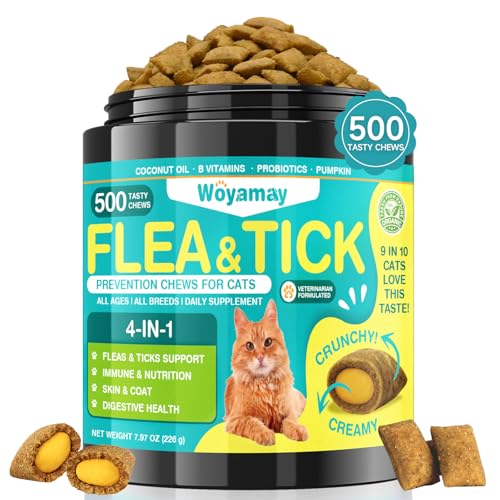 Woyamay 4-IN-1 Flea and Tick Prevention for Cats, 500 Crunchy & Creamy Chews, Cat Flea Treatment, Natural Oral Flea Treatment for Cats, Daily Support for Flea, Immune, Skin & Coat, Gut, Chicken Flavor