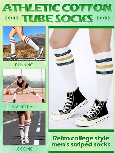 7 Pairs Retro Striped Tube Socks White over the Calf Tube Hoses Men Knee High Striped Athletic Socks for Men, Size 10-13, Multicolor2
