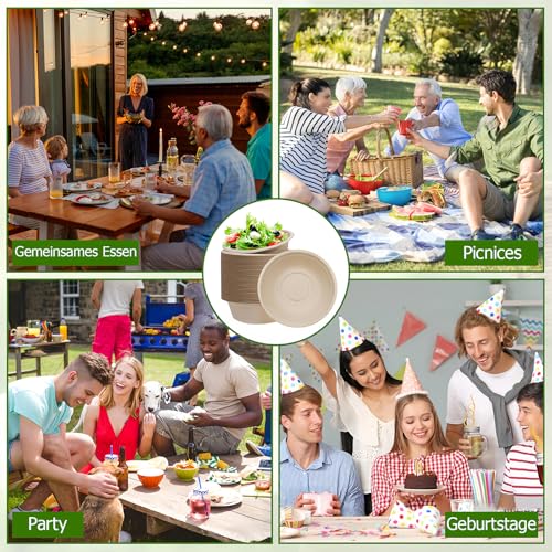 Coztie 100 Stück Einweg Suppenschalen, 350 ml Suppenteller Einweg, Biologisch Abbaubar und Kompostierbar Suppenschalen Einwegs für BBQs Party und Picknick Pappschüsseln 13,5 x 4,5 cm