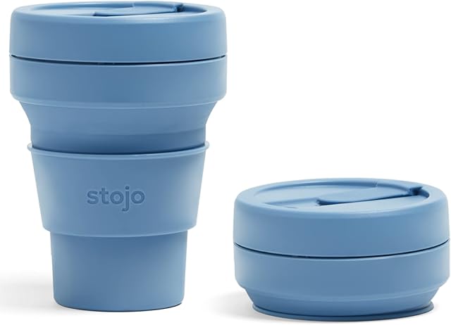 STOJO On-The-Go Collapsible Coffee Cup - 12oz / 355ml - Reusable & Foldable Silicone Travel Mug with Lid - Portable, Pocket Size - Dishwasher Safe - Steel Blue