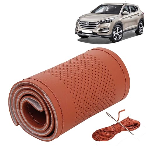 Image of KINGSWAY PU Leatherite Car Steering Cover Sewable Compatible with Hyundai Tucson (Year 2015-2019), Tan Color with Tan Thread, Pack of 1 with Sewing Needle and Thread