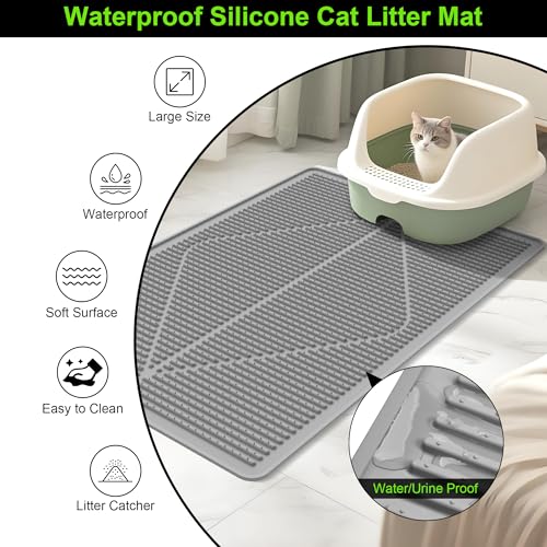 Image of Mofason Rubber Large Cat Litter Mat, Grey Silicone Kitty Cat Litter Box Mat | Waterproof 28 inchx20 inch litter matt for cats; easy clean litter trapping catcher mat, cat litterbox mats, large pet mat cat indoor