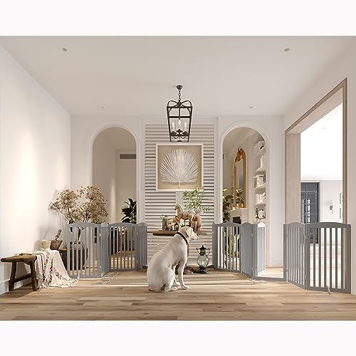 BHG No-Assembly Freestanding Dog Gate with Door, Extended Wide 120\" Tall 36\" Wooden Pet Gate, Accordion Folding Playpen Fence, 2PCS Support Feet Included, for The House - Grey