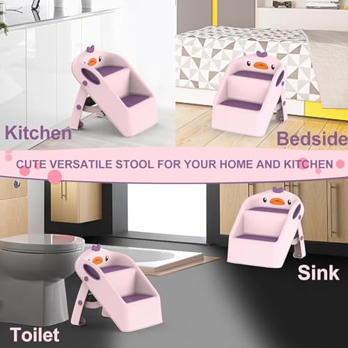 يو-هومي مقعد قابل للطي للاطفال الصغار في المطبخ والحمام والحوض، مقعد تدريب على استخدام المرحاض على النونية، ارتفاع مزدوج 11 انش، مقعد بلاستيكي مساعد للمطبخ مع مقابض، مقعد قدم للحضانة (بينك)