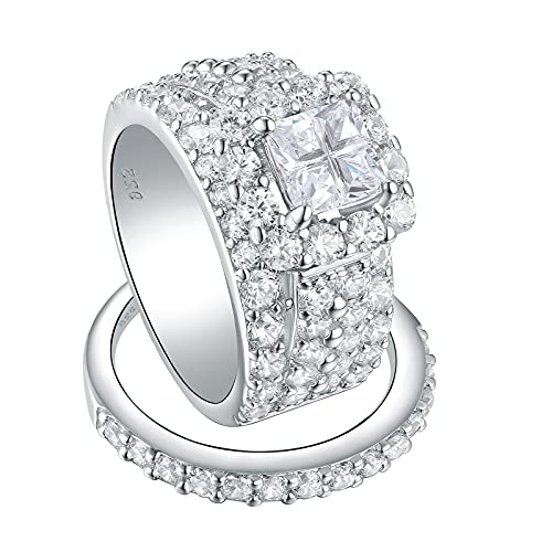 Wuziwen 4Ct Princess Engagement Ring Wedding Rings Set for Women 5A CZ 925 Sterling Silver Size 4-13