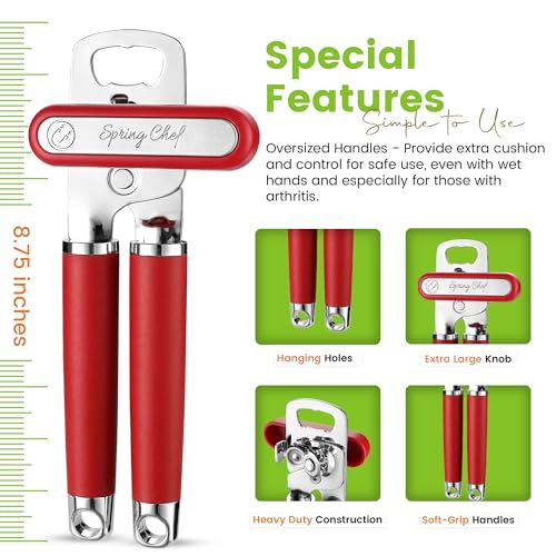Image of Spring Chef Stainless Steel Manual Can Opener with Soft Grip Handles, Red