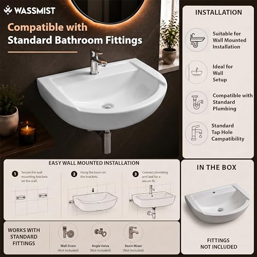 Image of WASSMIST Wash Basin | Wall Hung Wash Basin for Bathroom with 10 Year Glaze Warranty | Premium Ceramic Semi Round Basin with Tap Hole (18.5 X 14.4 X 7 Inch)