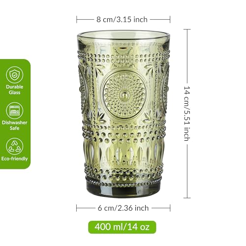 Miniatura 2 de Joeyan 400ml Vasos De Cristal Agua Colores, Juego De 4 Verde Vasos Altos De Vidrio Con Relieve Girasol Floral, Vintage Cristalería Para Refrescos,Café,Té,Cerveza,Leche,Cócteles, Apto Lavavajillas