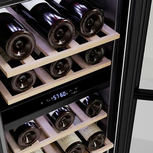 Image of Empava 15 inch Dual Zone Wine Cooler Refrigerator Under Counter with Reversible Glass Door, Freestanding Fridge with LED Light, Touch Control, 26 Bottles Capacity