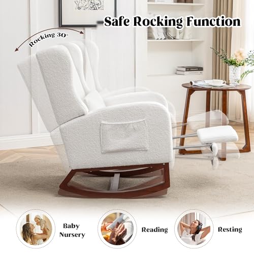Image of HCHAIRH Rocking Chair Nursery with Foot Rest, Wingback Nursery Rocking Chairs Sherpa Nursing Chairs Glider Rocker with Pillow for Living Room, Bedroom, White
