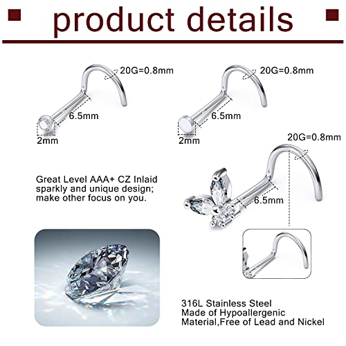 Prjndjw 20G 18G Nose Rings Studs Surgical Steel Nose Stud Glow Dark Heart Opal CZ Flower Nose Piercing Jewelry Nose Rings for Women Straight Screw L Shaped Nose Rings Hypoallergenic Nose Piercing Kit4