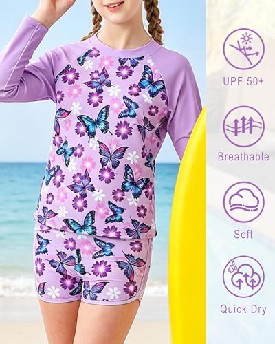 Image of TUONROAD Girls 2 Pieces Rash Guard Swimsuit Long Sleeve Tankini for 4-10 Years