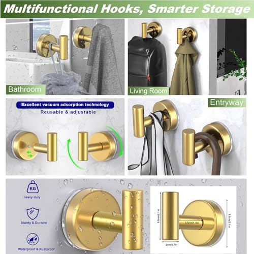 Image of Suction Cup Hooks for Shower, Stainless Steel Shower Hooks for Hanging Towels, Robes, Bath Balls, Towel Hooks for Bathroom Wall, Glass Door, Kitchen, Mirror, Tile (2 Pack,Gold)