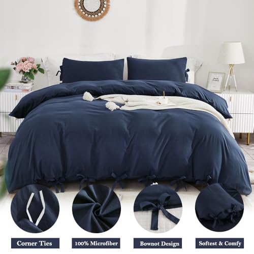 Image of annadaif Grayish Navy Duvet Cover King Size, 3 Pieces Soft Washed Microfiber Duvet Cover Set, Comforter Cover with Bowknot Bow Tie (1 Duvet Cover 104x90 Inch, 2 Pillowcases) Easy Care Bedding Set | Soft Washed Comforter Cover ,Bowknot Bow Tie, (1 Duvet Cover 104x90 Inch, 2 Pillowcases) ,Easy Care Bedding Set