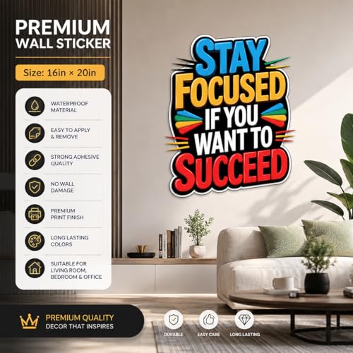 Image of Rangoli Motivational Quote Wall Sticker Self-Adhesive 16 x 20 Inch Waterproof Wall Decor for Living Room Bedroom Office Stay Focused Success Wall Decal