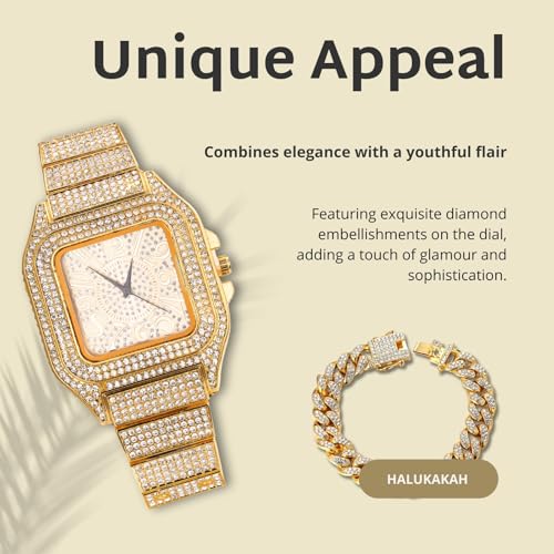 Image of Halukakah Diamonds Watch Iced Out for Boy Teens Kids - 18K Real Gold /Platinum Plated,Arabic Numerals Square Dial,Japanese Quartz - 7.3 inch Length - Optional with Cuban Link Chain - for Birthday,Parties