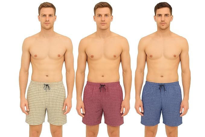 Men's Checkered Boxer Shorts, Drawstring Waist, Pack of 3, Multicolour-image-45