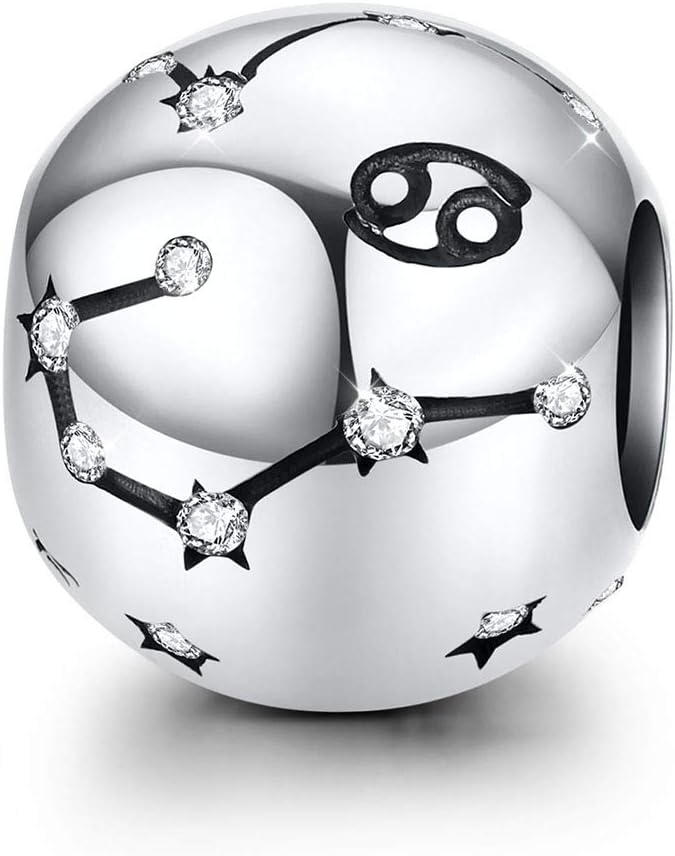 Cancer Charms Sterling Silver 12 Constellations Star Sign Zodiac Beads Charms fit Pandora Bracelet, Cancer(6.22-7.22)