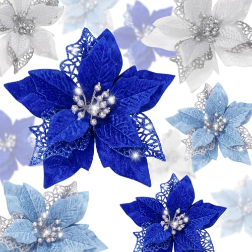 Boao 24 Pieces Christmas Artificial Glitter Poinsettia Flowers Xmas Flowers Wedding Christmas Tree New Year Ornaments(Royal Blue, Sky Blue, Silver)