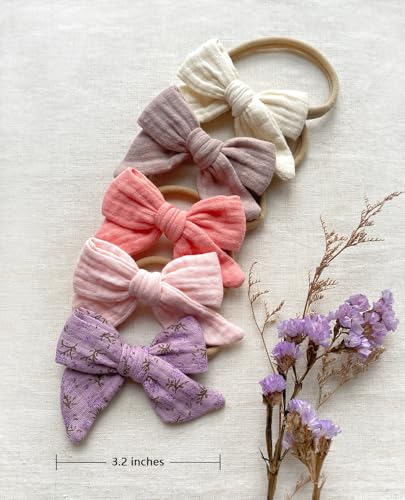 Cherssy Baby Muslin Hair Bows and Headbands, 10pcs Soft Nylon Hairbands for Newborn, Infants, Toddlers2