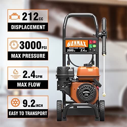Genmax Gpw3000-H Gasoline Pressure Washer 3000 Psi And 2.4 Gpm，Includes Spray Gun And Wand，3 Quick-Connect Nozzles，High Pressure Hose (25Ft)，Best For Cleaning Homes, Cars, Driveways, Patios #TOP1