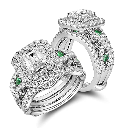 Doveggs 4.26Ct Total 6X8Mm Ghi Color Emerald Cut Moissanite Antqiue Double Halo Engagement Ring Zambia Emerald Sapphire Curved Enhancer Guard Band Bridal Set 14K Gold Quality Silver Engagement（8） #TOP11