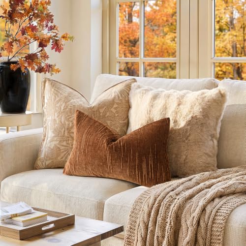 Image of Foindtower Pack of 2 Slubby Textured Chenille Throw Decorative Pillow Covers Lumbar Accent Solid Cushion Cover Fall Neutral Farmhouse Pillowcase for Couch Sofa Bed Living Room 12x20 Inch,Autumn Orange