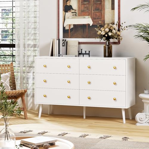 LYNSOM Dresser for Bedroom, 6 Drawer Modern White Dresser with Wide Drawer and Metal Handles, Modern Dressers & Chests of Drawers for Hallway Entryway - Thumbnail 4