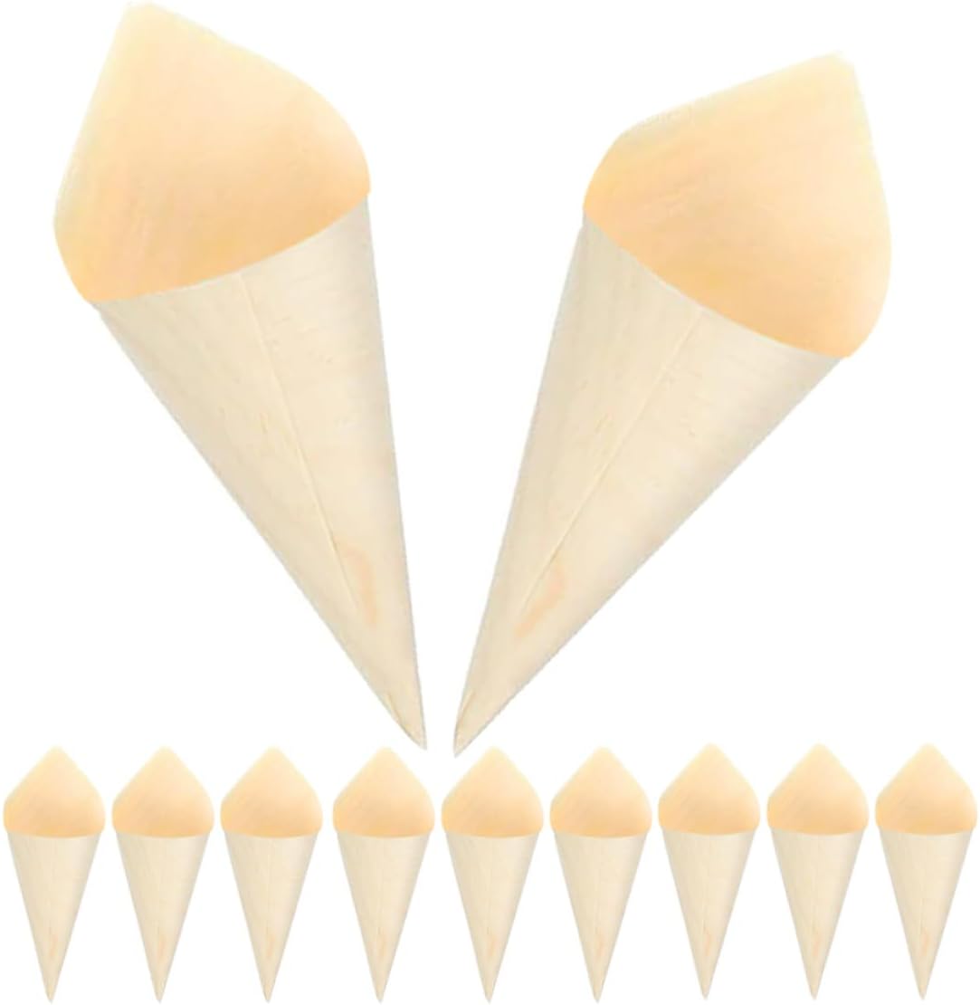 Kichvoe Wooden Ice Cream Cones Mini Food Cones 50pcs 125mm Natural Wood Dessert Holders for Party Catering and Ice Cream Display