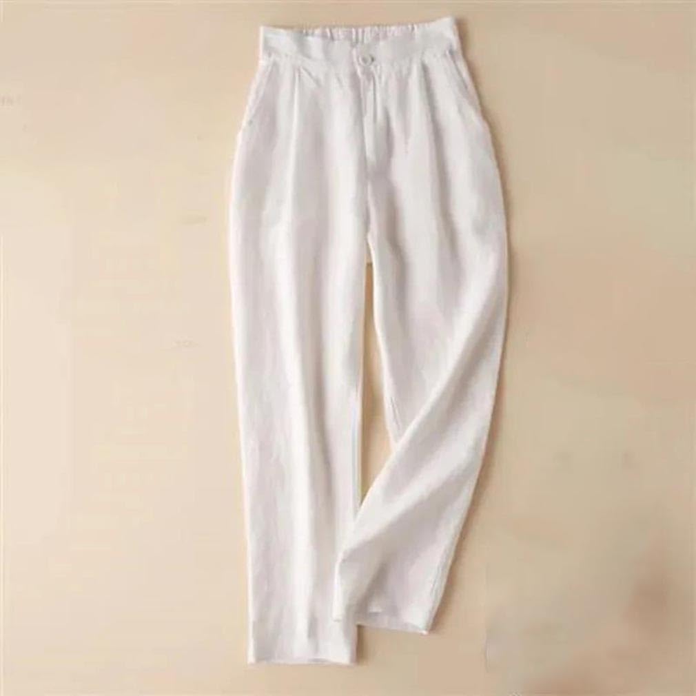 Women's Office High Waist Pants Cotton Linen Ankle-Length Elastic Waist Elegant Casual Trousers
