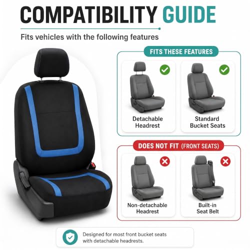 Image of FH Group Car Seat Covers Front Set in Cloth -Car Seat Covers for Low Back Car Seats with Removable Headrest,Universal Fit,Automotive Seat Covers,Washable Car Seat Cover for SUV,Sedan,Van Blue