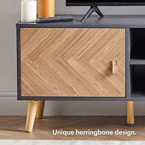 VonHaus Herringbone TV Unit  Grey & Wood Effect TV Cabinet For TV's up to 65" - Scandi Nordic Style Entertainment Unit w/Storage Cupboards, Shelving & Tapered Legs - 20kg Weight Capacity Living Room