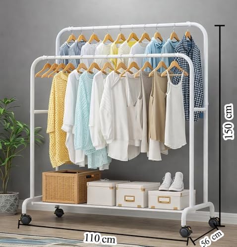 Image of Owme Heavy Duty Metal Garment Rack with Wheels | Portable Clothes Hanging Stand | Rolling Clothing Rack for Bedroom, Laundry & Retail Store | Space Saving Cloth Stand - WHITE Double Stand