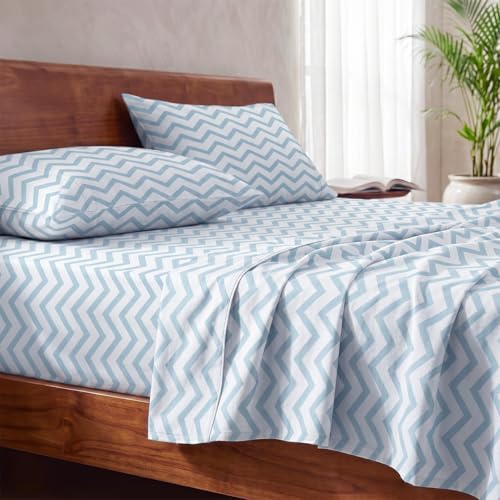 Image of LANE LINEN 100% Organic Cotton Bedsheet Double Queen - Chevron Cool Blue | GOTS Certified, Percale Weave, 90x100 inches, Soft & Breathable, Machine Washable, Includes 2 Pillow Covers