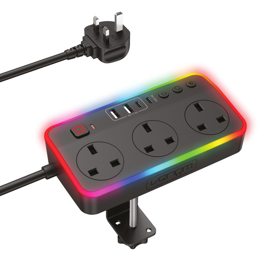 Venom Gaming Desk LED Power Hub Extension Dock | 2m Cable with 120mm Desk Clamp | PD 20W Fast Charge with Surge Protection