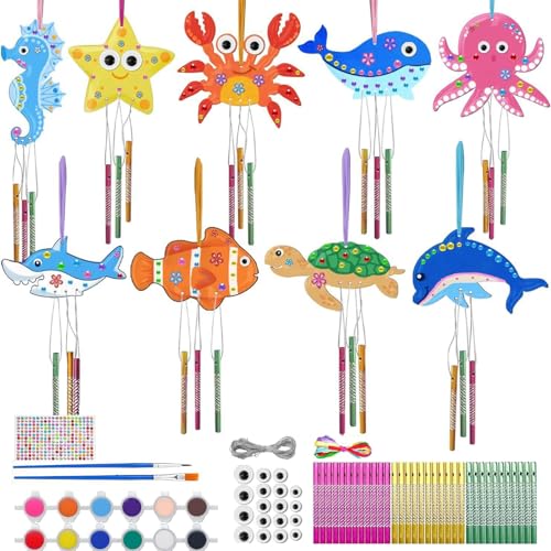 Lot de 9 carillons éoliens en bois pour enfants - Animaux marins - Carillon éolien - Kit de bricolage - Kit de bricolage - Décoration d'anniversaire d'enfant pour filles et garçons
