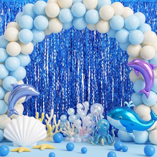 Image of TONIFUL 2Pcs Wavy Deep Blue Metallic Foil Fringe Curtain Laser Streamers | 3.3ftx6.6ft Ocean Themed Baby Shower Photo Booth Backdrop Door Streamer for Birthday Under The Sea Summer Pool Beach Party