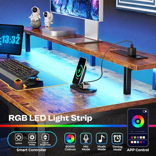Image of Huuger 55 inch Computer Desk with 4 Drawers, Gaming Desk with LED Lights & Power Outlets, Home Office Desk with Large Storage Space for Bedroom, Work from Home, Rustic Brown