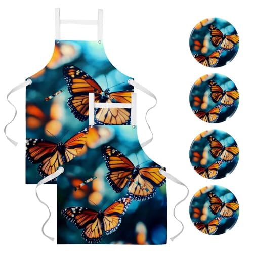 Lot de 2 tabliers de cuisine avec 4 broches motif papillon bleu clair et multicolore