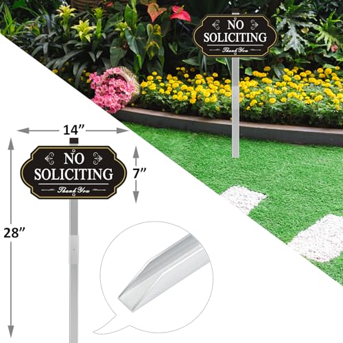 Image of Heavy Duty No Soliciting Sign for House - All Metal Construction - No Soliciting Yard Sign - 14 inch x 7 inch - Aluminum - with 28 inch Long Stake