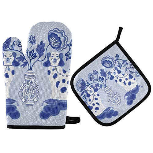 ATONO Staffordshire Dogs in Chinoiserie Style Blue and White Porcelain Oven Mitts & Potholders Stes Washable Non-Slip Insulated Hot Grilling Gloves for Kitchen Dining BBQ Baking Cooking