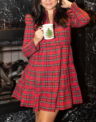 Women's Plaid Print Tunic Dress Long Sleeve V Neck Loose Shirt Dress Ruffle Hem Casual Swing Babydoll Dress4