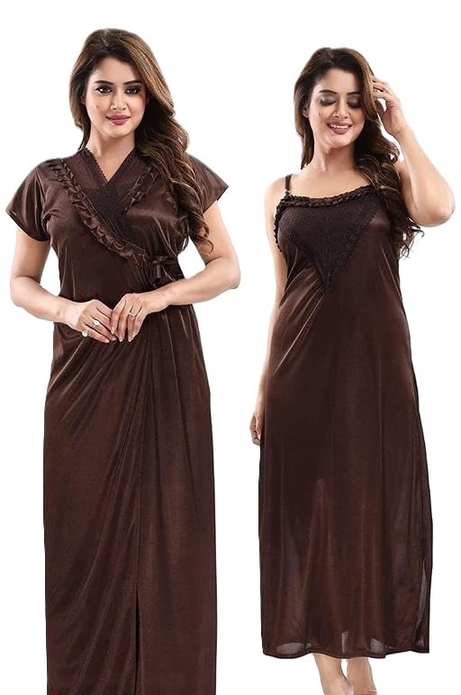 Women Satin Night Gown with Robe | Solid Maxi Length Sleepwear with Lace Detail & Shoulder Straps-image-38