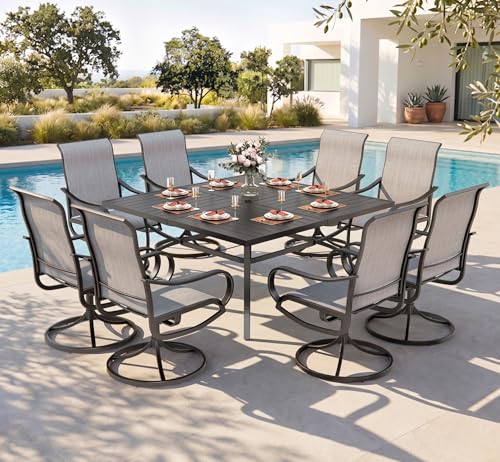 Image of PHI VILLA Outdoor Dining Set for 8, Swivel Mesh Chairs & Square Table, Grey | Textilene chairs and large 57.5'' metal table with umbrella hole. All-weather patio furniture set designed for patio, deck