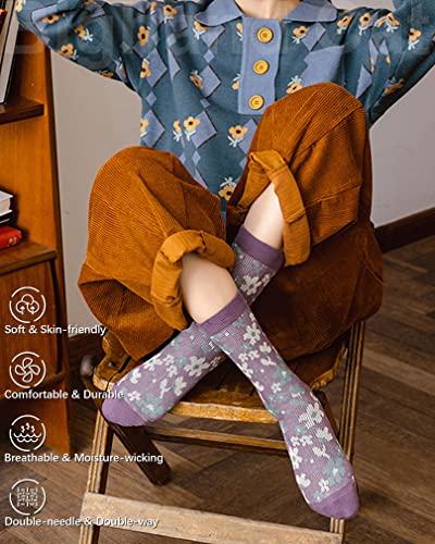 Image of IIG 5 Pairs Womens Pretty Vintage Wool Socks Unique Print Design Soft Cozy Warm Crew Socks Christmas Gift