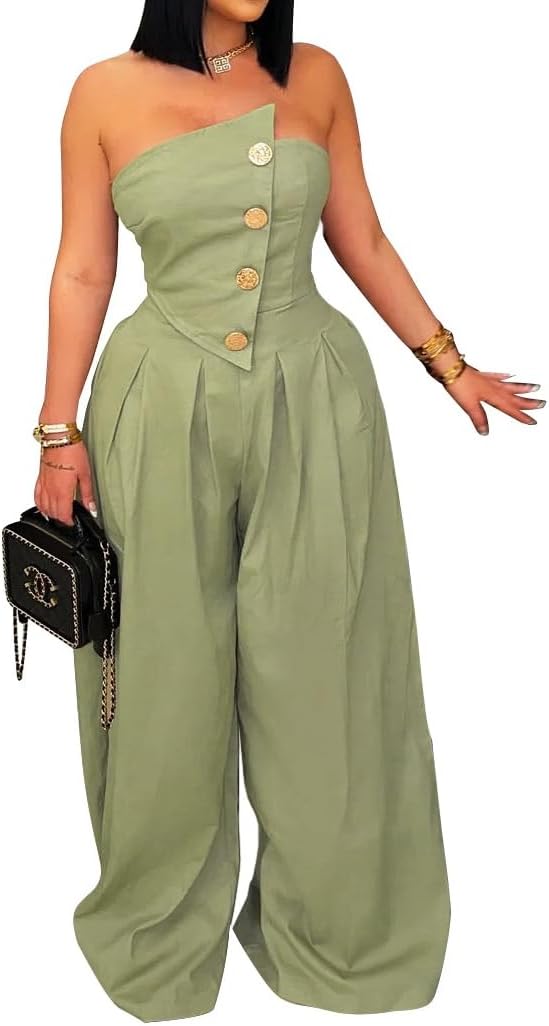 Womens Cargo Jumpsuit Sexy Strapless One Piece Outfit Off Shoulder Top Ruched Wide Leg Rompers Overalls