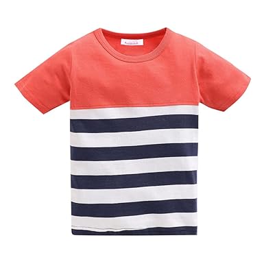 Hopscotch Boys Cotton Stripes Half Sleeves T-Shirt in Coral Color for Ages 5-6 Years (HSP-3702043/Z)