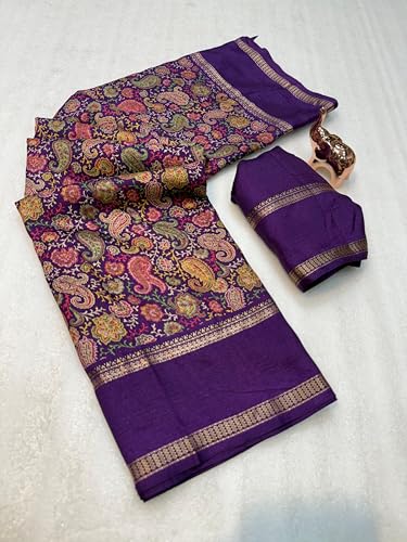 Image of Kalamkari Floral Prints Dola Silk Saree With Rich Zari Border Designer Pallu Attach Blouse Piece