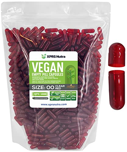 Image of XPRS Nutra Size 00 Empty Capsules - 1000 Count Empty Vegan Capsules - Vegetarian Empty Pills - DIY Vegetable Capsule Filling- Veggie Pill Caps (Clear Red)